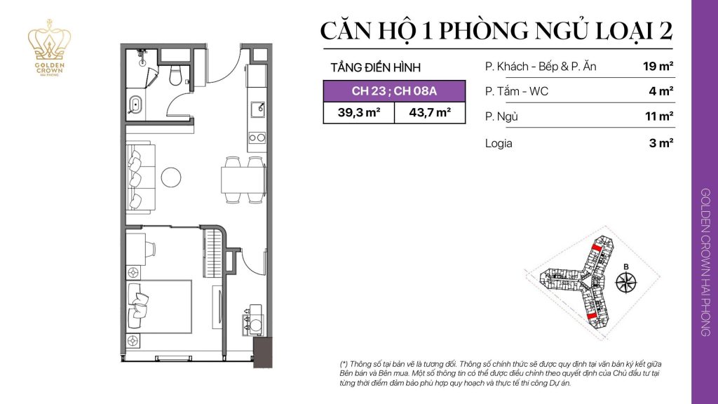Layout thiết kế căn hộ 1PN 39m2