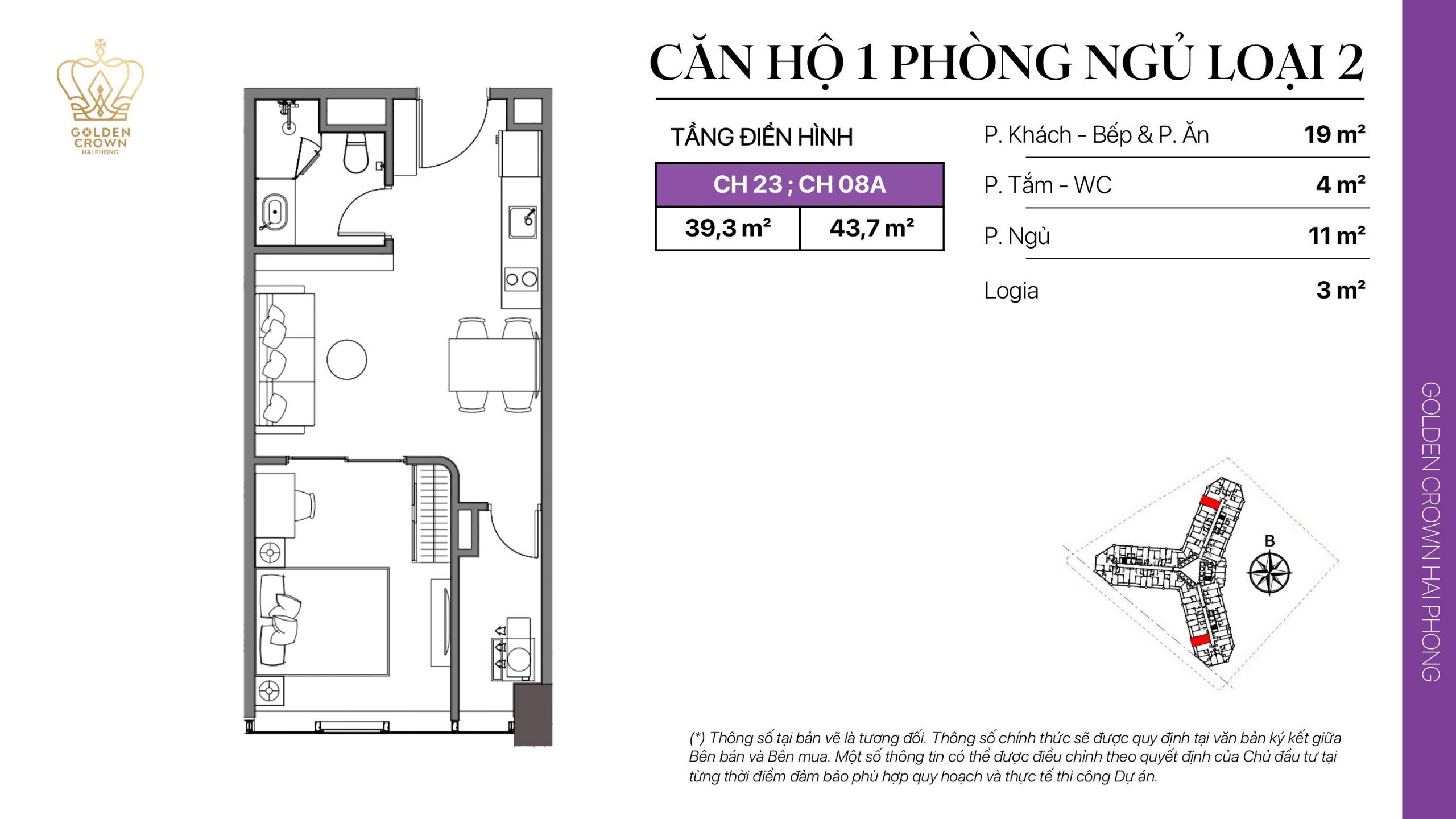 Layout thiết kế căn hộ 1PN 39m2