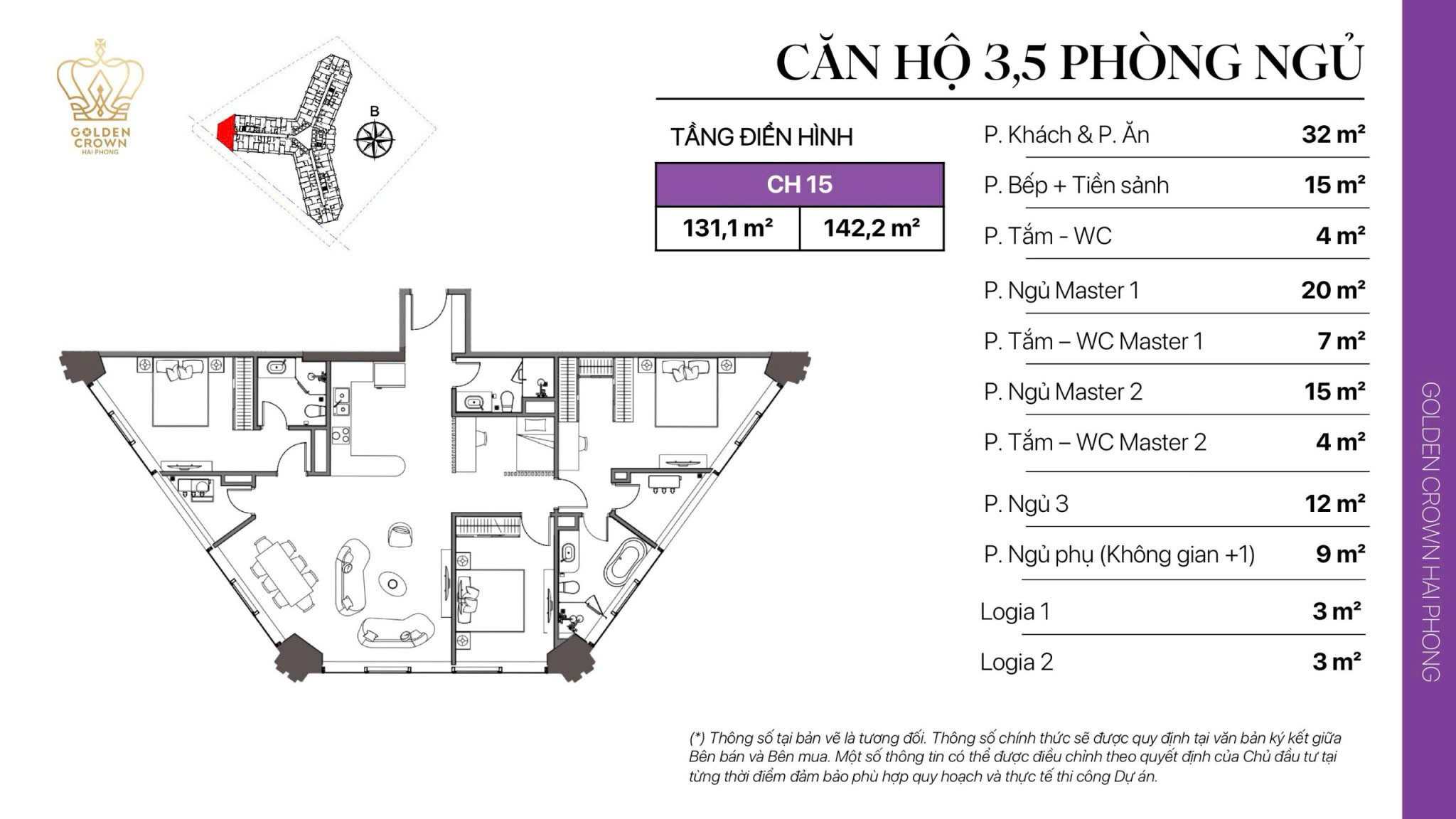 Layout thiết kế căn hộ 3.5PN 132m2
