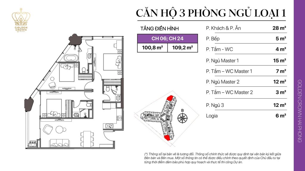 Layout thiết kế căn hộ 3PN 100m2