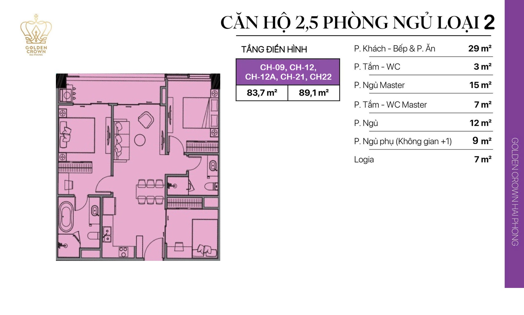 Layout căn hộ 2.5 phòng ngủ Golden Crown Hải Phòng loại 2