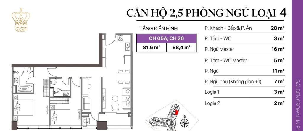 Layout căn hộ 2.5 phòng ngủ Golden Crown Hải Phòng loại 4